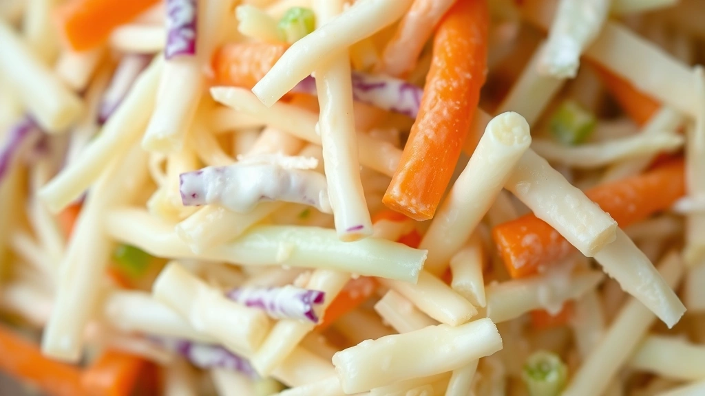 detail: close-up of coleslaw texture showing shredded cabbage strands coated with creamy dressing, carrots visible, shallow depth of field, no text
