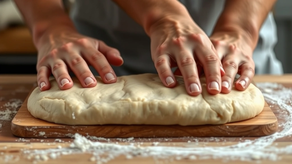 process: hands kneading smooth pandesal dough on a wooden surface, showing proper dough texture and consistency, bright kitchen lighting, photorealistic, no text