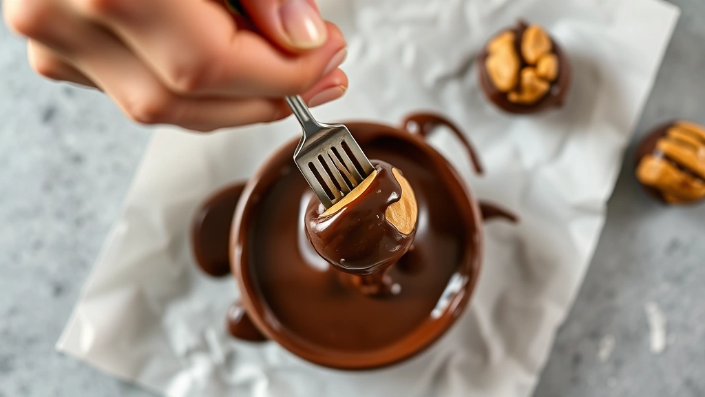 process: overhead shot of hand dipping peanut butter ball in melted chocolate using fork, chocolate dripping, parchment paper visible, natural daylight, in-action cooking moment