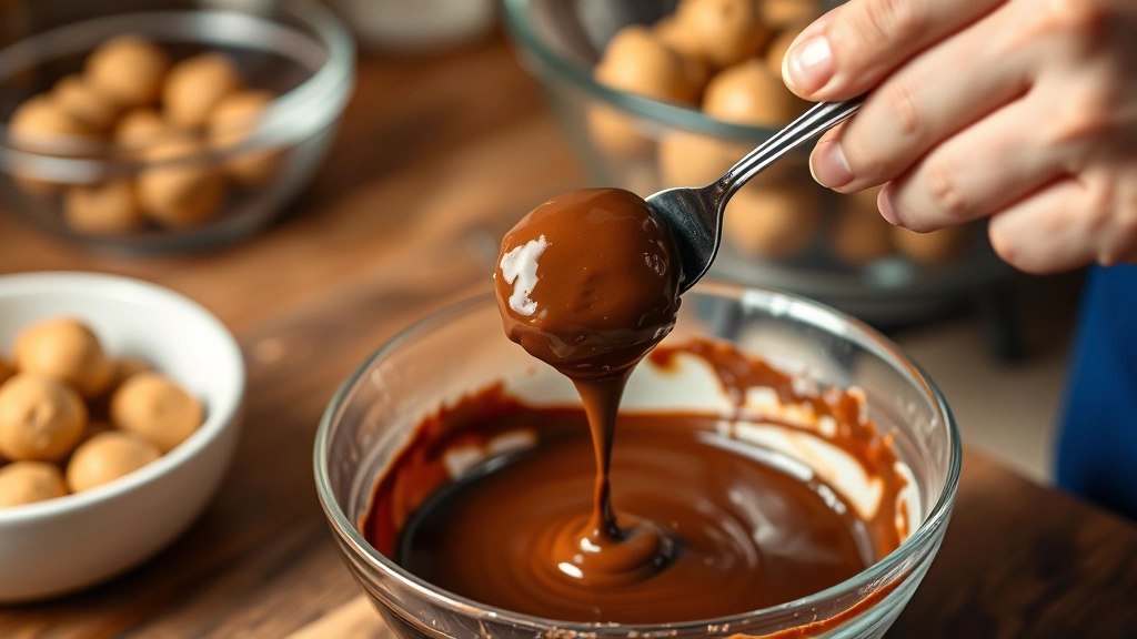 process: hands dipping peanut butter ball into melted chocolate using fork over bowl, chocolate dripping back into bowl, bowl of raw peanut butter balls visible in background, warm kitchen lighting