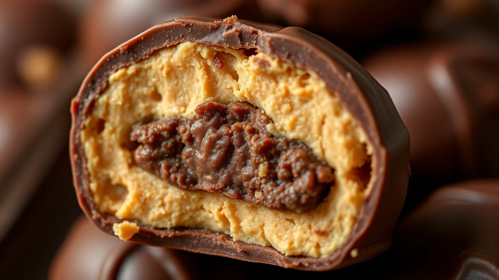 detail: extreme close-up macro shot of single peanut butter ball cut in half, showing smooth peanut butter filling and chocolate coating layers, glossy chocolate surface, professional food photography, warm diffused lighting