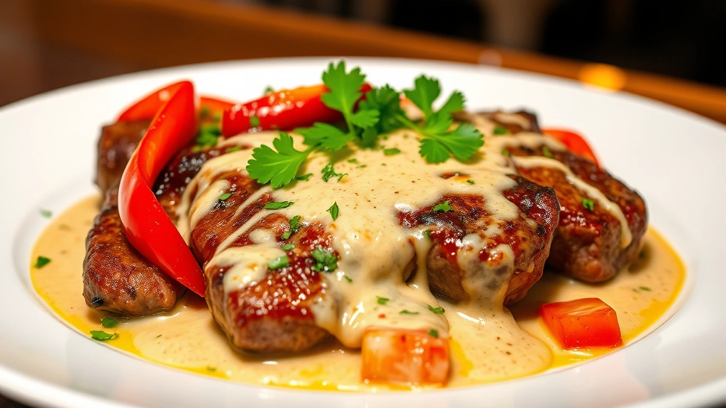 hero: sizzling pepper steak with vibrant red and green bell peppers, creamy sauce, garnished with fresh parsley on white plate, warm overhead lighting, restaurant plating style, photorealistic, natural light, no text