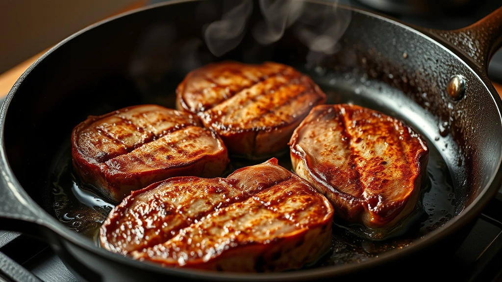 process: beef steaks searing in cast iron skillet with visible caramelization and crust, steam rising, photorealistic, natural light, no text
