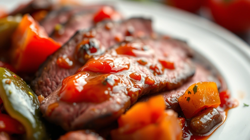 detail: close-up of tender sliced beef with glossy pepper sauce and charred bell peppers, shallow depth of field, photorealistic, natural light, no text