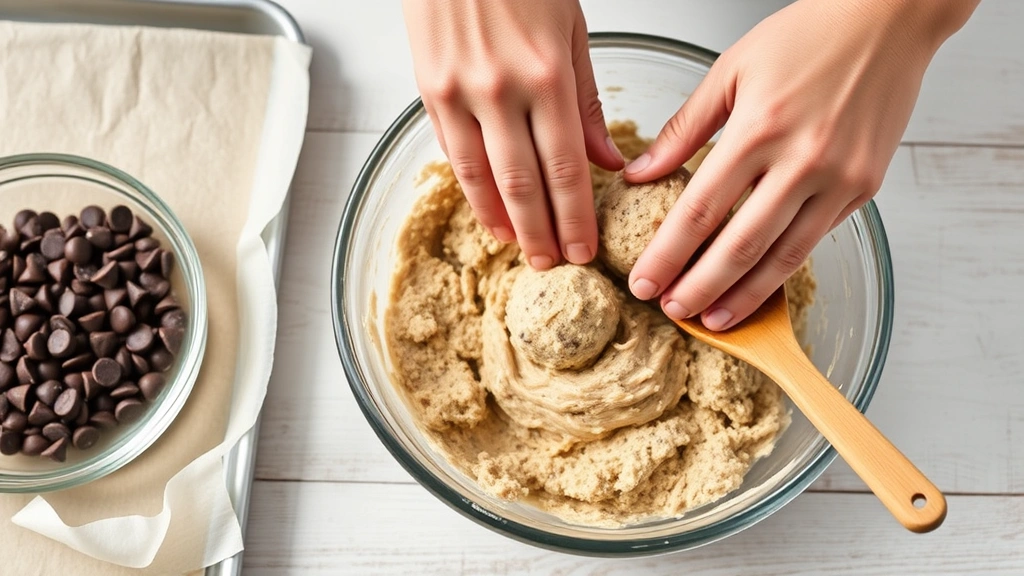 process: Hands rolling protein ball mixture, bowl of chocolate chips nearby, parchment paper lined baking sheet, wooden spoon resting in bowl, warm natural light from side, lifestyle photography, no text
