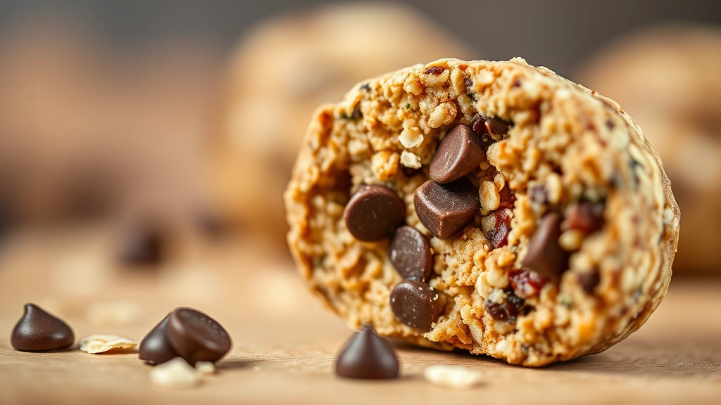 detail: Close-up macro shot of single protein ball cut in half showing interior texture, oats and chocolate chips visible, shallow depth of field, soft warm lighting, professional food photography style, no text