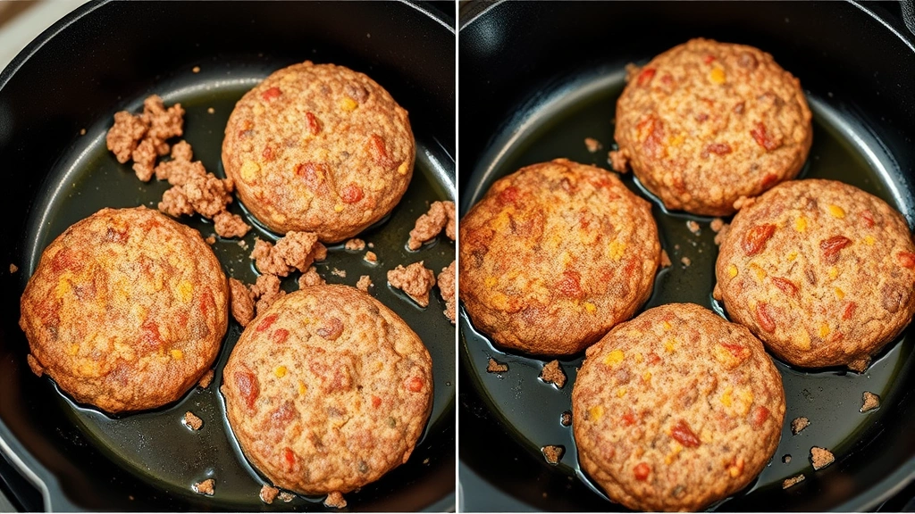 process: browning ground beef patties in cast iron skillet, golden crust forming, photorealistic, natural kitchen lighting, no text