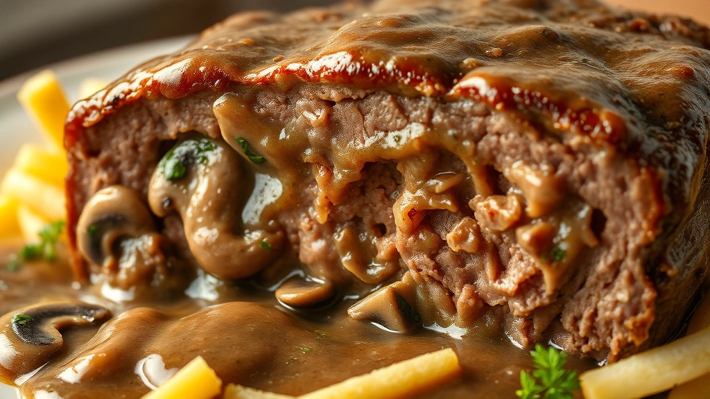 detail: close-up of Salisbury steak cross-section showing tender beef interior and rich mushroom gravy, steam rising, photorealistic, warm natural lighting, no text