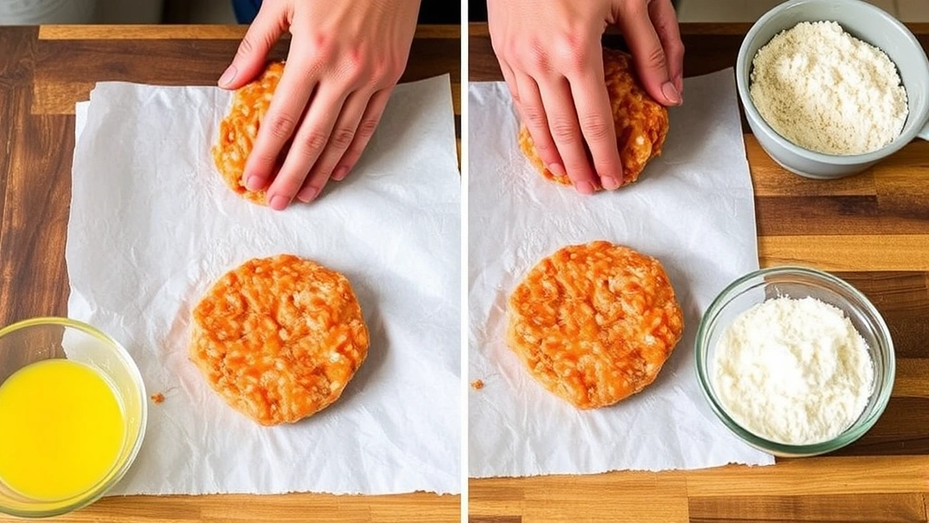 process: hands forming salmon mixture into patty shape over parchment paper, egg wash and breadcrumb bowls visible, photorealistic, natural kitchen light, no text