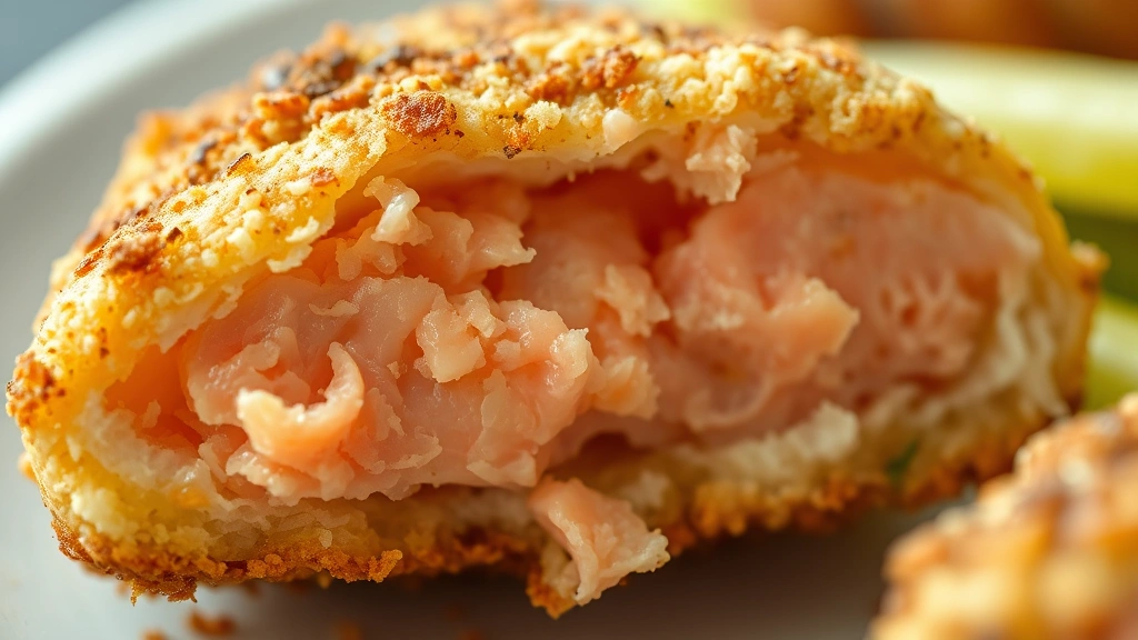 detail: close-up cross-section of fried salmon croquette showing flaky pink salmon interior and crispy golden breadcrumb coating, photorealistic, macro photography, natural light, no text