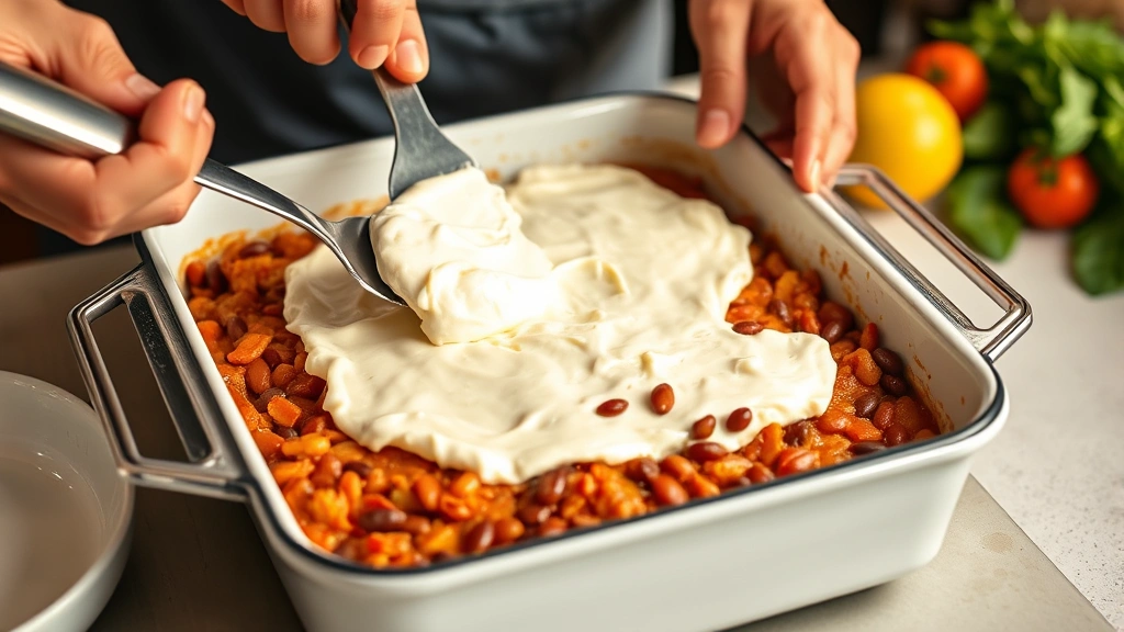 process: hands spreading cream cheese layer over refried beans in baking dish, stainless steel spatula, close-up action shot, warm kitchen lighting, fresh ingredients visible nearby