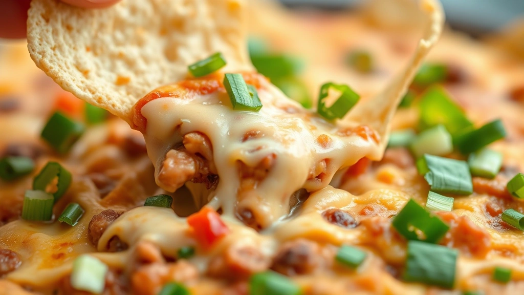 detail: close-up cross-section of seven layer dip showing all distinct layers, crispy tortilla chip dipping into dip, melted cheese stretching, fresh cilantro and green onions on top, shallow depth of field, bright natural light