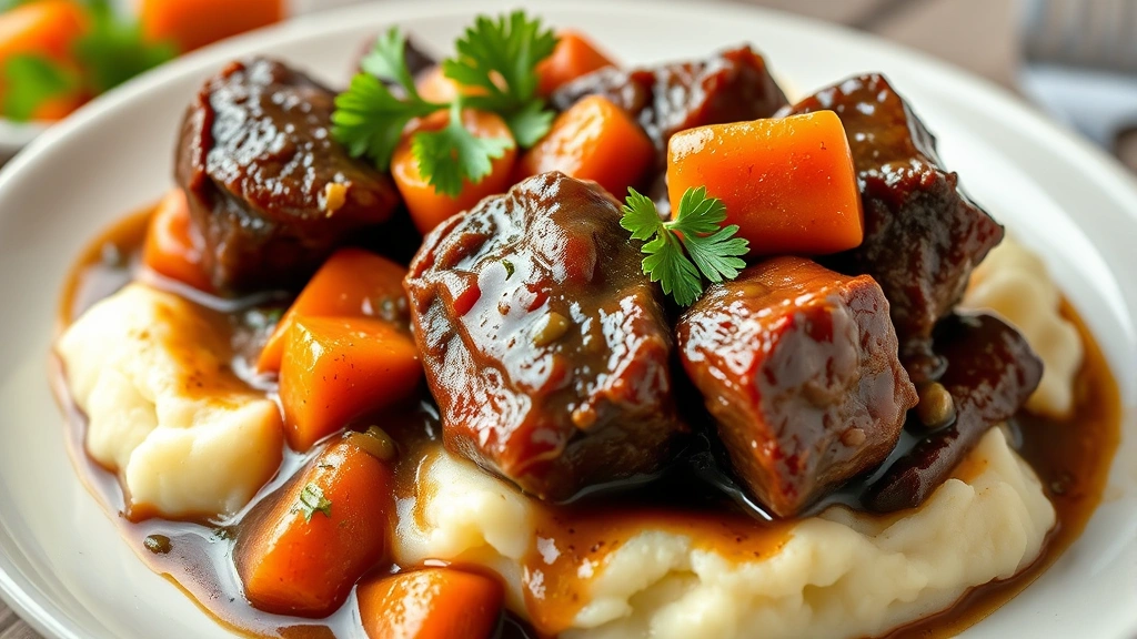 hero: succulent beef short ribs braised in rich brown sauce with carrots and celery, served over creamy mashed potatoes, garnished with fresh parsley, photorealistic, natural light, no text