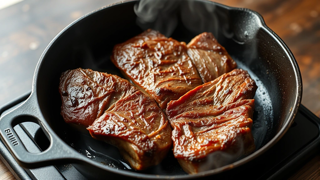 process: searing marbled short ribs in cast iron skillet, golden crust forming, steam rising, photorealistic, natural light, no text