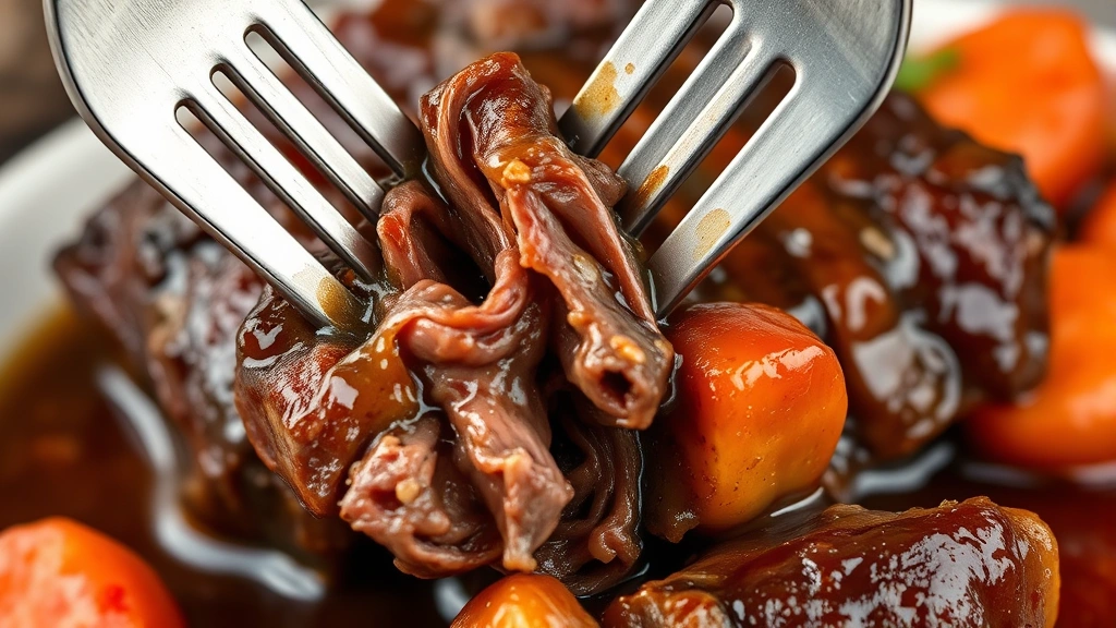 detail: close-up of fork-tender beef short rib pulling away from bone, glossy braising sauce coating meat, carrots visible in background, photorealistic, natural light, no text