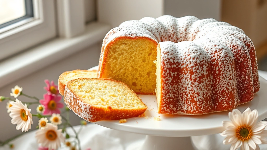 hero: golden sour cream pound cake with powdered sugar dusting, sliced to show tender crumb, displayed on white cake stand with fresh flowers, photorealistic, natural window light, no text