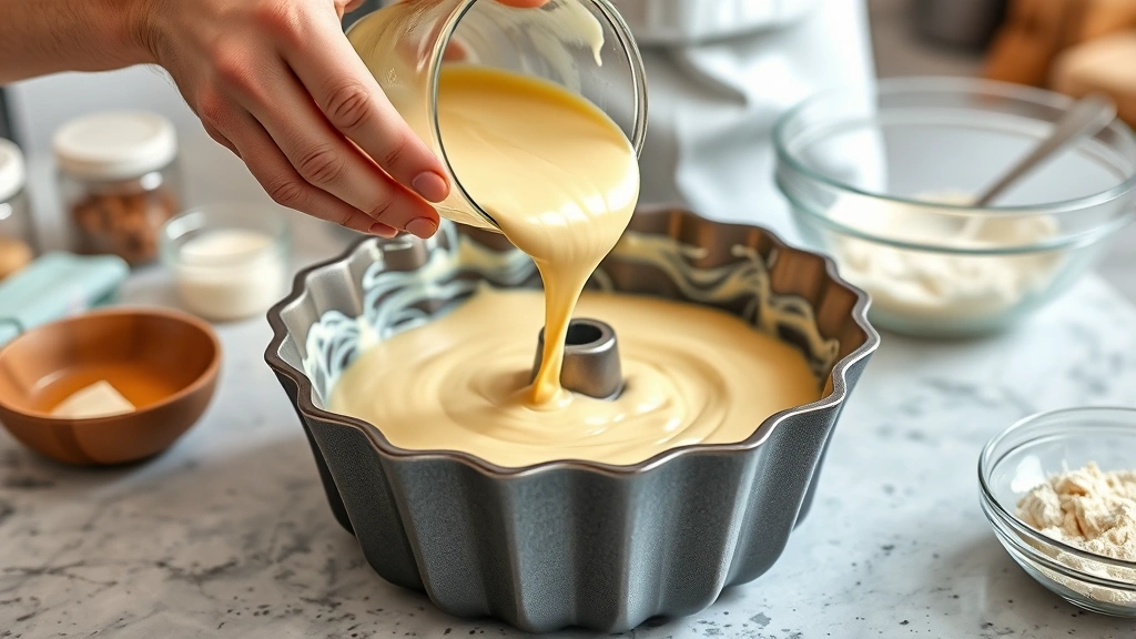 process: hands pouring smooth batter into greased bundt pan, kitchen counter setup with ingredients and mixing bowl, photorealistic, warm natural lighting, no text
