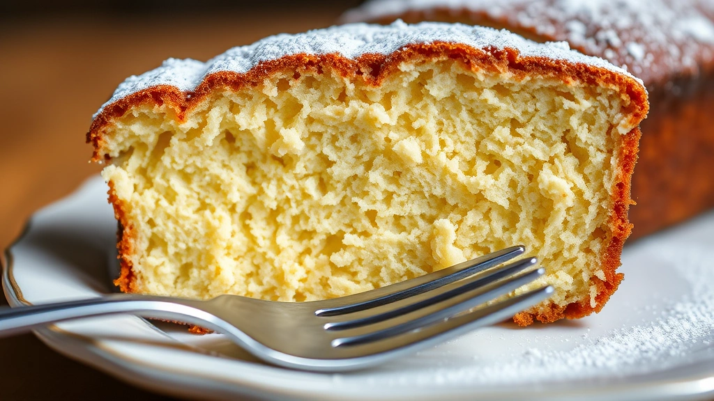 detail: close-up cross-section of pound cake slice showing moist tender interior crumb structure, fork resting on plate, powdered sugar visible, photorealistic, natural light, no text