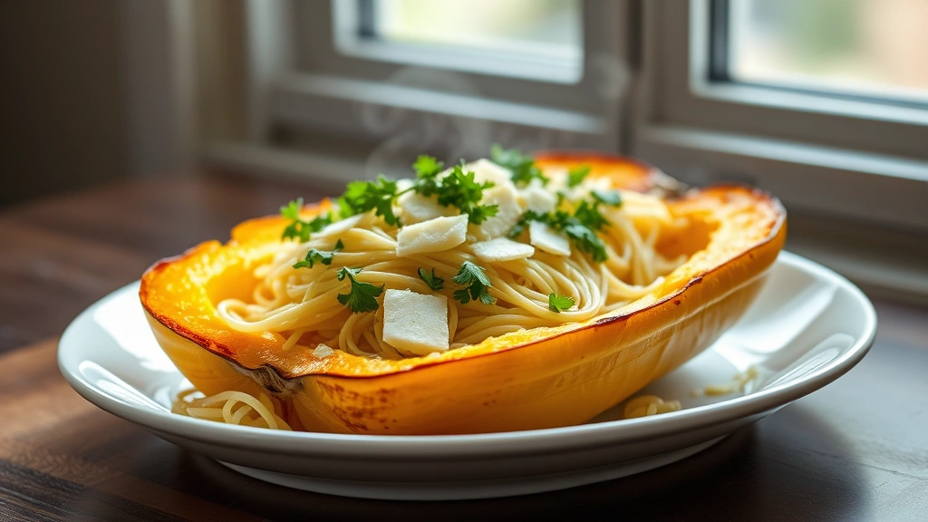 hero: roasted spaghetti squash halves with golden-brown edges, topped with fresh parmesan cheese and green parsley, steaming hot, served on a white ceramic plate, photorealistic, natural window light, no text
