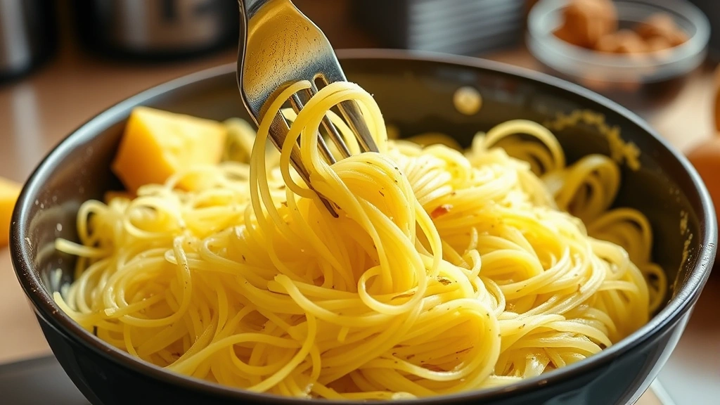 process: fork raking through cooked spaghetti squash creating long noodle-like strands, action shot mid-rake, photorealistic, bright kitchen lighting, no text