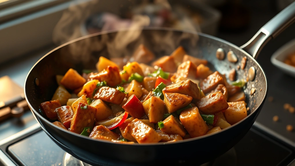 hero: glossy stir fry sauce coating colorful vegetables and protein in a wok, steam rising, photorealistic, golden hour natural light, no text