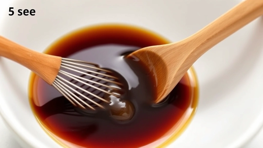 process: whisking together soy sauce honey and sesame oil in small white bowl with wooden spoon, photorealistic, bright kitchen light, no text