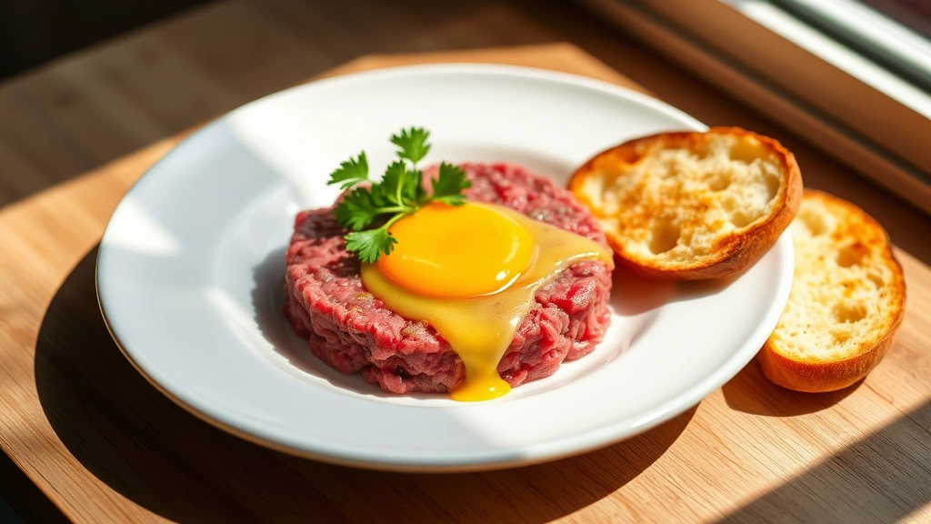 hero: elegant beef tartare plated on white ceramic dish with egg yolk in center, fresh parsley garnish, toasted crostini on side, natural window light, soft shadows, professional fine dining presentation