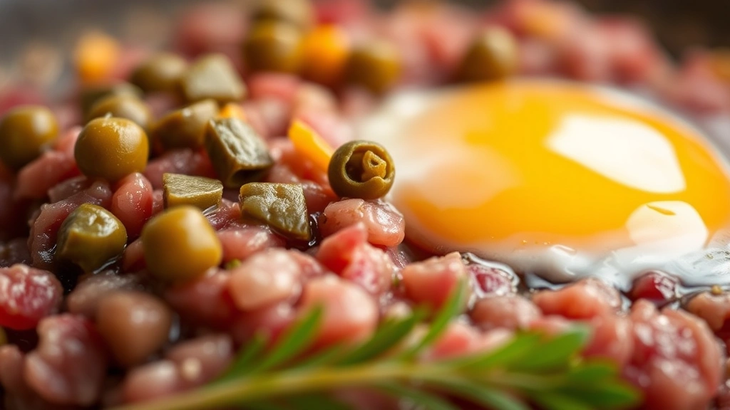 detail: close-up of finished tartare showing minced beef texture, capers, cornichons, and egg yolk, shallow depth of field, warm natural lighting highlighting ingredients