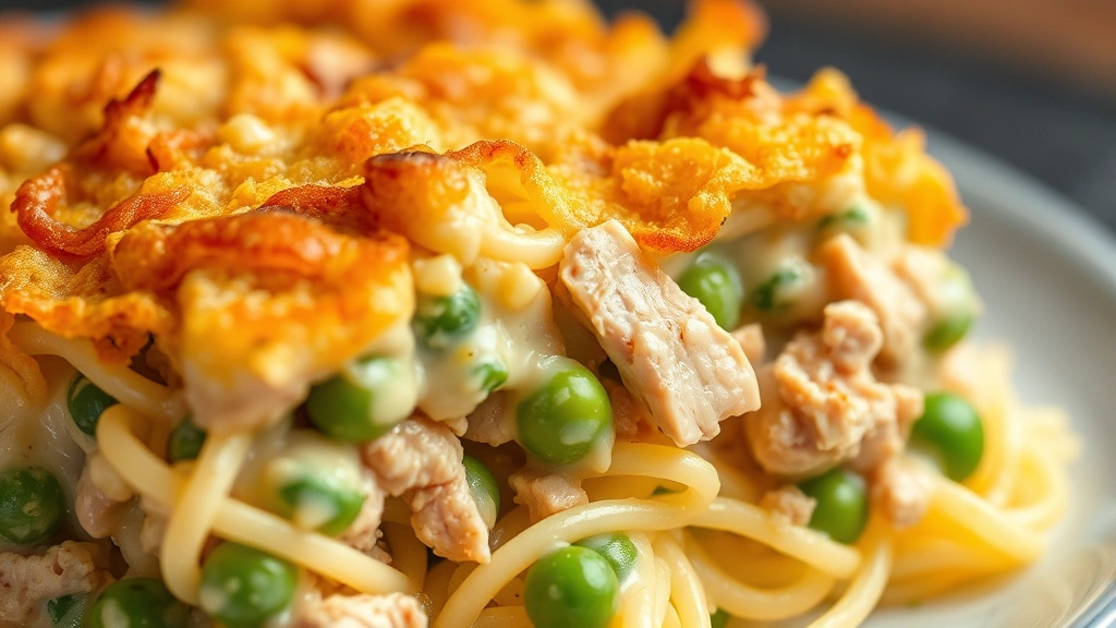 detail: close-up of finished tuna casserole showing layers of egg noodles, flaked tuna, peas, and creamy sauce with golden crispy top, shallow depth of field, warm lighting, no text