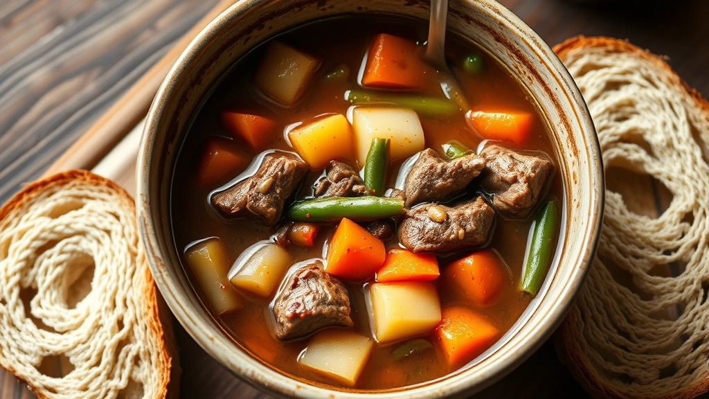hero: steaming bowl of vegetable beef soup with tender beef chunks, carrots, potatoes, and green beans in rich brown broth, crusty bread beside bowl, photorealistic, natural warm lighting from above, no text