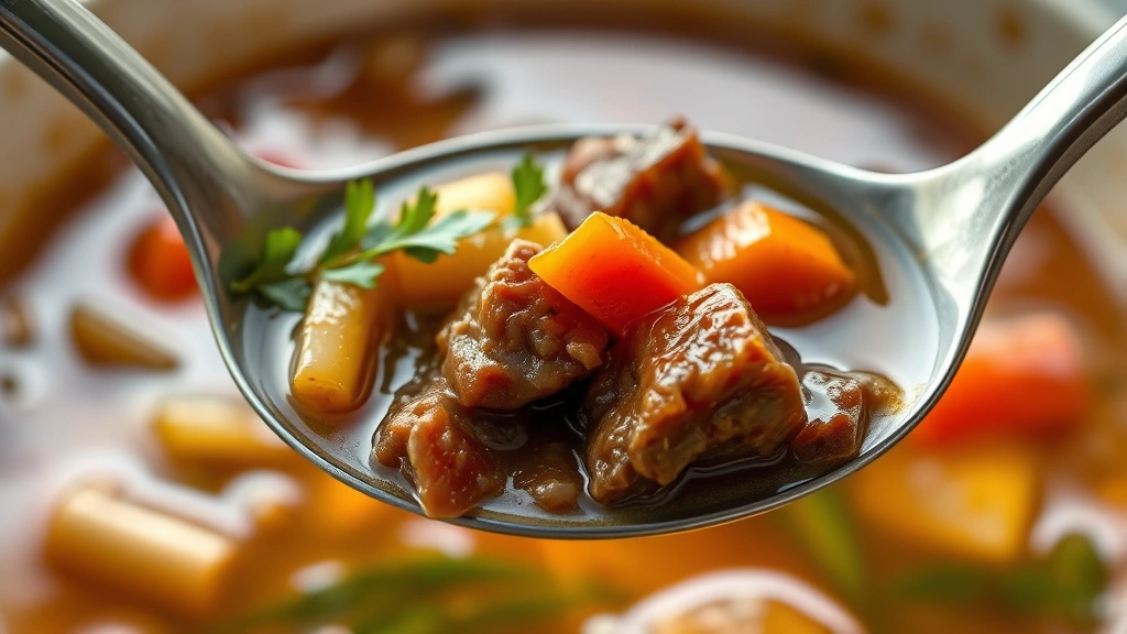 detail: close-up of spoonful of soup showing tender beef, vibrant vegetables, and glossy broth, steam rising, photorealistic, natural light, no text
