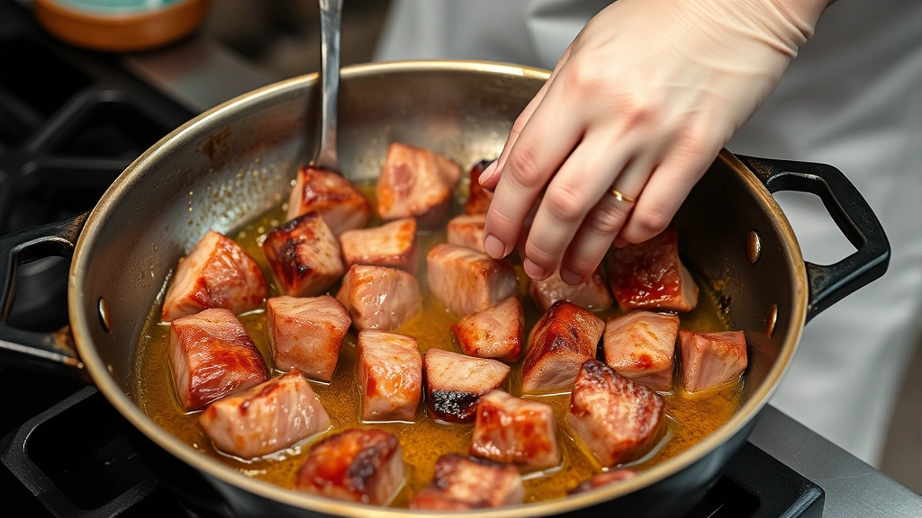 process: chef browning chunks of venison in bacon fat in cast iron pot, golden crust on meat, photorealistic action shot, natural kitchen lighting, no text