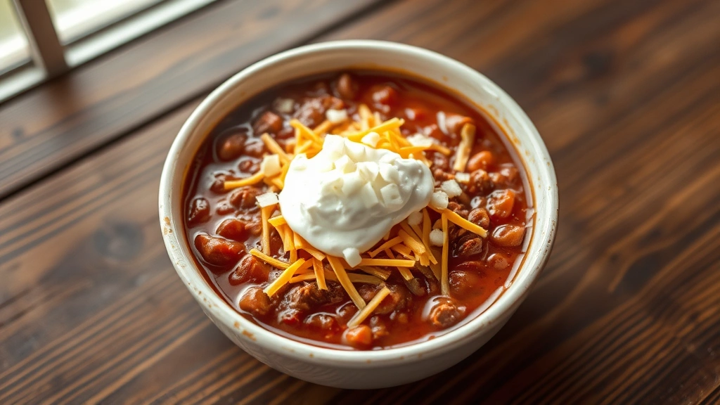 hero: steaming bowl of Wendy's style chili topped with shredded cheddar cheese and sour cream, garnished with diced onions, photographed from above with natural window light, rustic wooden table background, no text or watermarks