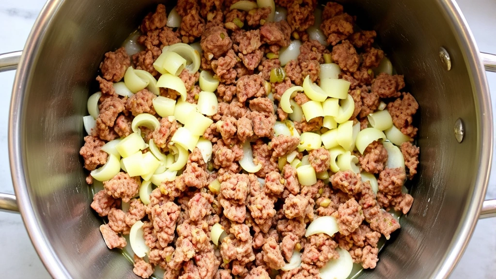 process: ground beef browning in pot with onions and garlic, mid-cooking stage showing meat crumbles and aromatics, captured from above with natural lighting, stainless steel pot visible, no text