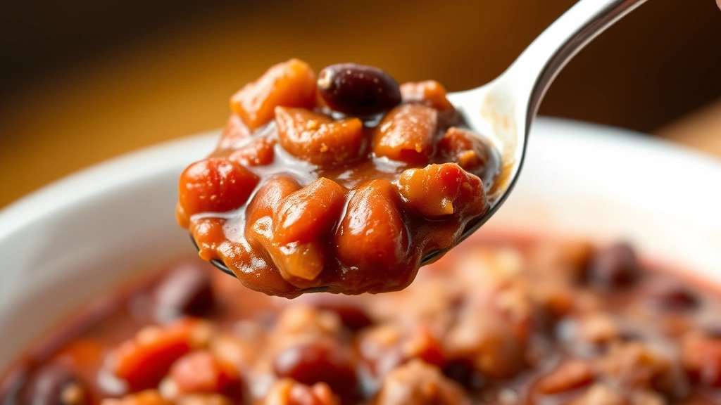 detail: close-up macro shot of finished chili showing kidney beans, tomato chunks, and rich sauce texture, spoon lifting some chili showing consistency, warm natural lighting, shallow depth of field, no text