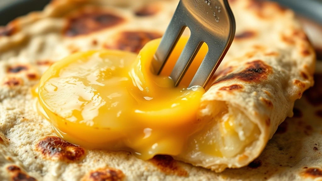 detail: close-up cross-section of tortilla showing tender potato slices suspended in creamy golden eggs, fork inserting into slice, textured interior visible