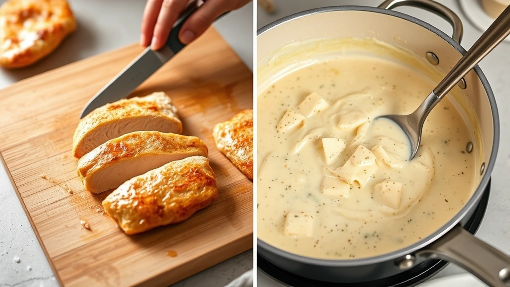 process: golden chicken breast being sliced on cutting board, Alfredo sauce simmering in cream-colored pan with Parmesan being stirred in, photorealistic, warm kitchen lighting, no text