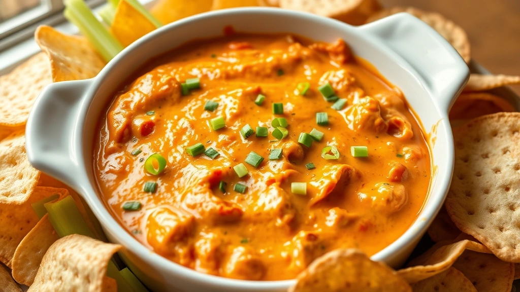 hero: creamy buffalo chicken dip in white ceramic baking dish, melted cheese bubbling, garnished with fresh green chives and celery, surrounded by tortilla chips and celery sticks, photorealistic, warm natural window light, no text