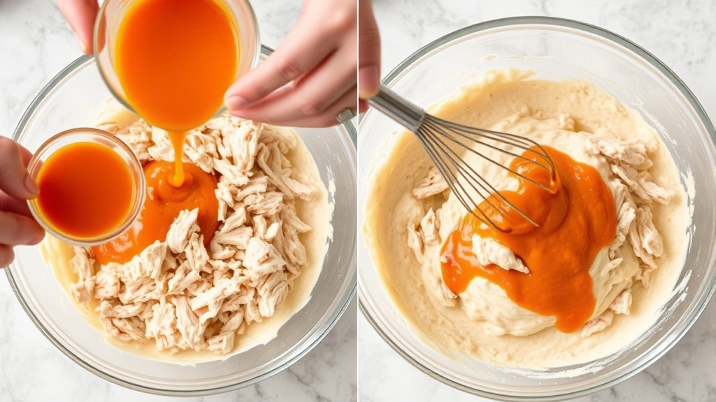 process: hands stirring shredded chicken into creamy cheese mixture in glass mixing bowl, buffalo sauce being folded in, photorealistic, bright natural kitchen light, no text