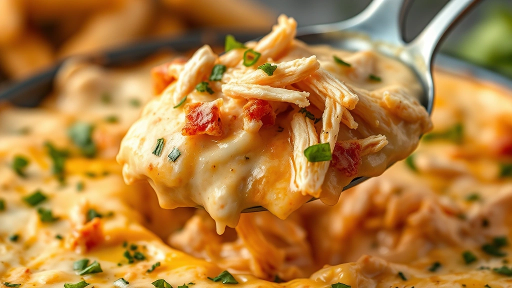 detail: close-up macro shot of buffalo chicken dip texture showing melted cheese, shredded chicken, and herbs, spoon lifting creamy portion, photorealistic, golden hour lighting, no text