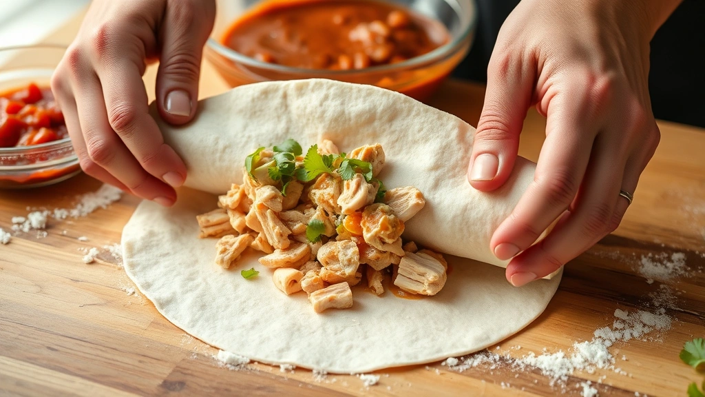 process: hands rolling flour tortilla with creamy chicken filling, enchilada sauce in background bowl, natural daylight from side, close action shot