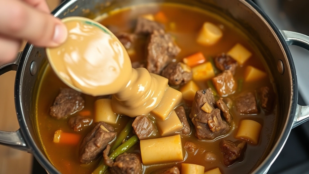 process: hands stirring creamy peanut butter into simmering beef stew with vegetables visible in golden sauce, cooking pot, photorealistic, natural kitchen light, no text