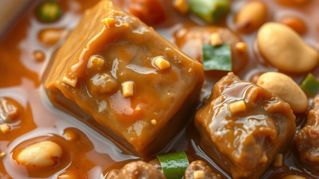 detail: close-up of rich golden peanut sauce coating tender beef cube and vegetables, peanut garnish visible, photorealistic, macro photography with natural light, no text
