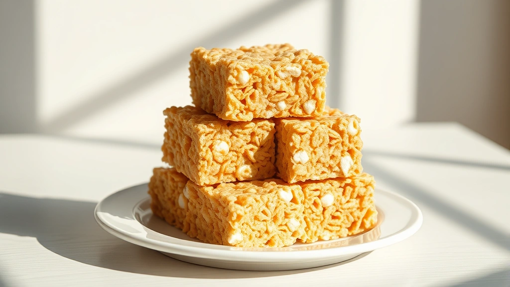 hero: perfectly golden Rice Crispy Treats cut into squares stacked on a white plate, natural sunlight streaming across, fresh marshmallows visible in the texture, photorealistic, no text