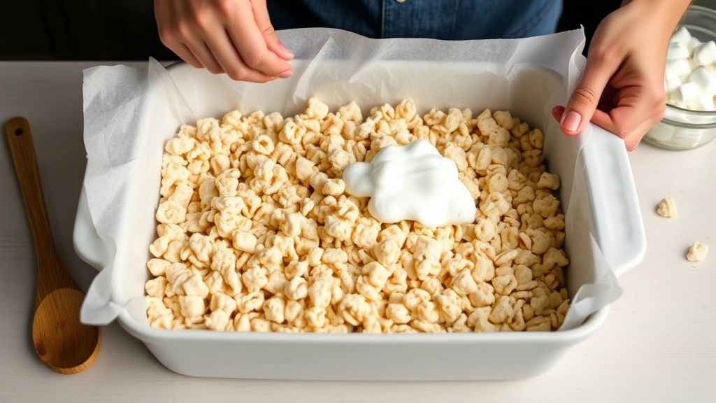 process: hands pressing rice crispy mixture into a baking dish lined with parchment paper, wooden spoon nearby, melted marshmallow glistening, natural kitchen lighting, photorealistic, no text