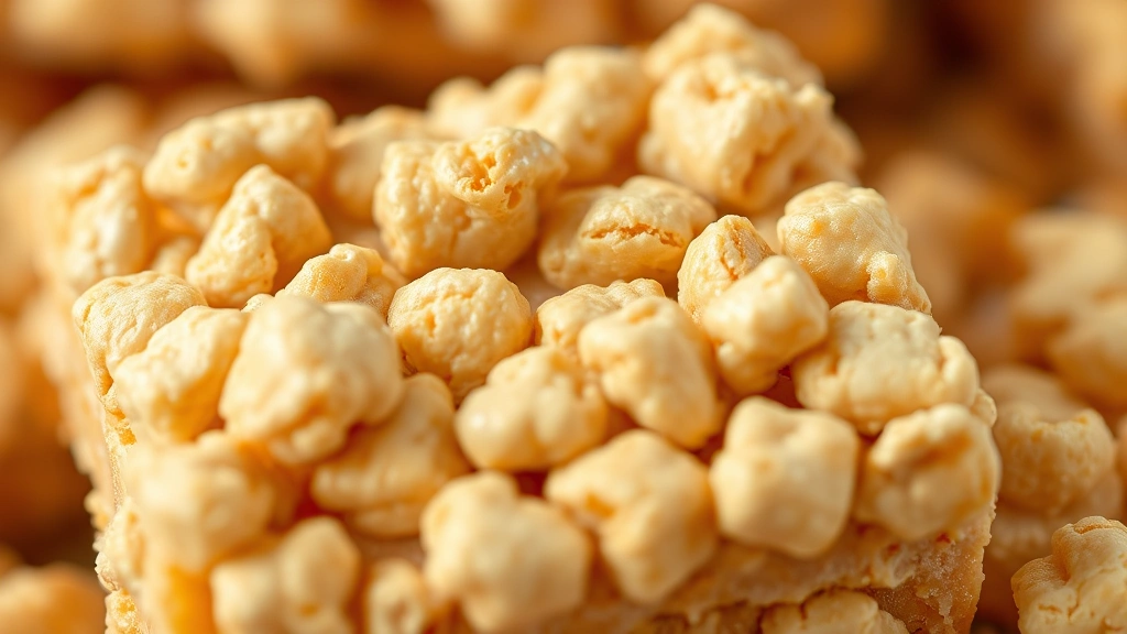 detail: close-up macro shot of a single Rice Crispy Treat square showing crispy cereal pieces coated in glossy marshmallow, golden brown tones, shallow depth of field, photorealistic, no text