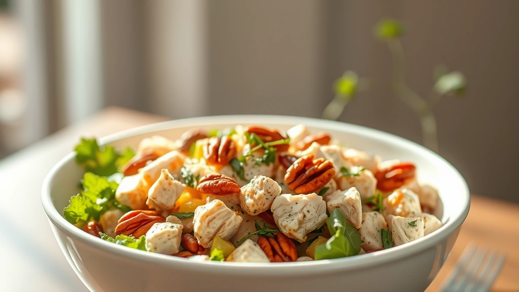 hero: colorful rotisserie chicken salad in a white bowl, garnished with fresh herbs and pecans, bright natural sunlight streaming from the left, shallow depth of field, no text or watermarks