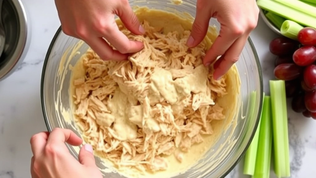 process: hands folding shredded rotisserie chicken into creamy mayo dressing in a large mixing bowl, fresh celery and grapes nearby, natural kitchen lighting, no text or watermarks