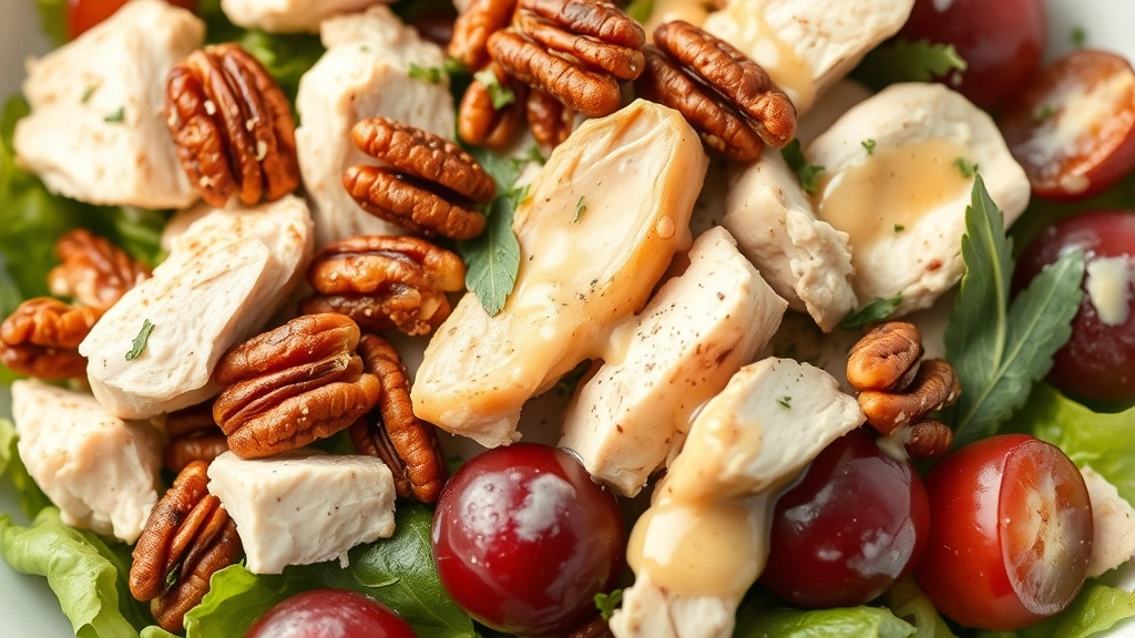detail: close-up of rotisserie chicken salad showing tender chicken pieces, crispy pecans, halved red grapes, and fresh herbs, creamy dressing coating ingredients, natural diffused light, no text or watermarks