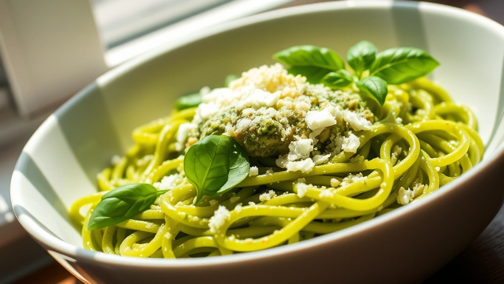 hero: vibrant green pesto pasta with fresh basil leaves, grated Parmigiano-Reggiano cheese, and lemon zest on top, served in a white ceramic bowl, natural window light creating shadows, no text or watermarks